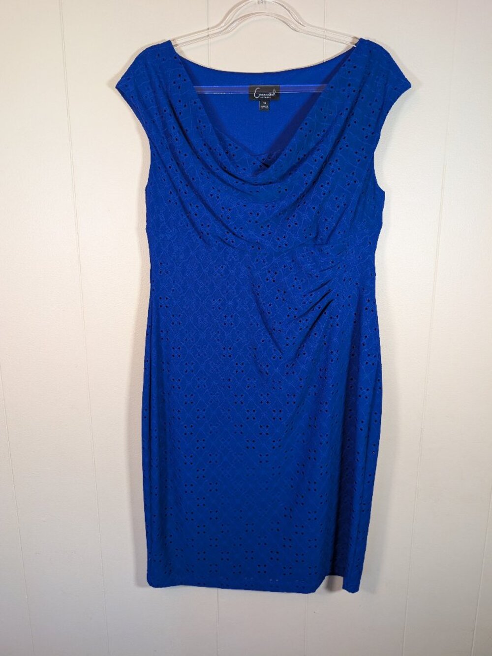 CONNECTED APPAREL Size 10 Cobalt Blue Eyelet Cowl Neck Ruched Sheath Dress